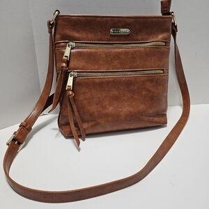 Cluci Vegan Leather Crossbody Brown Bag With Multiple Zippers Size Medium